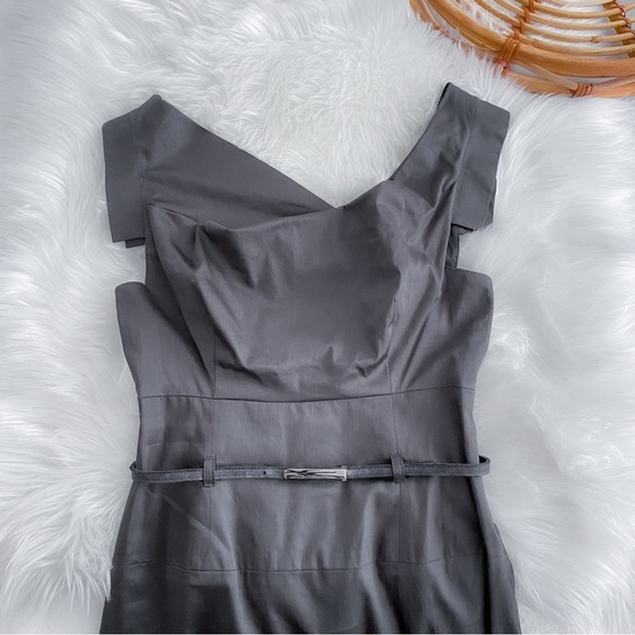 Black Halo Jackie Belted Stretch Gabardine Sheath Dress Gray Cap Sleeve - Picture 5 of 11